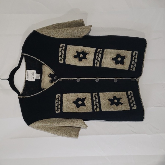 Christopher & Banks Sweaters - Hand embroidery short sleeve button front cardigan floral. Black and tan.